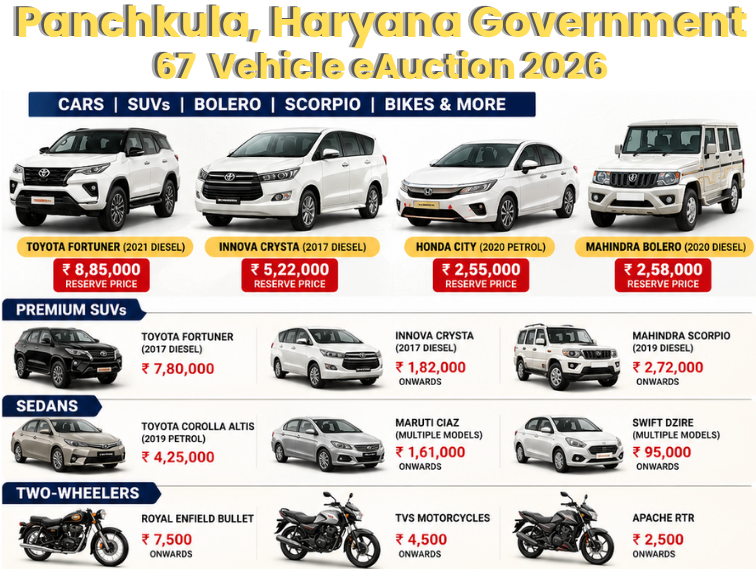 Panchkula Haryana Government Vehicle Auction 2026: 15 Cars, Reserve Price, EMD, Date