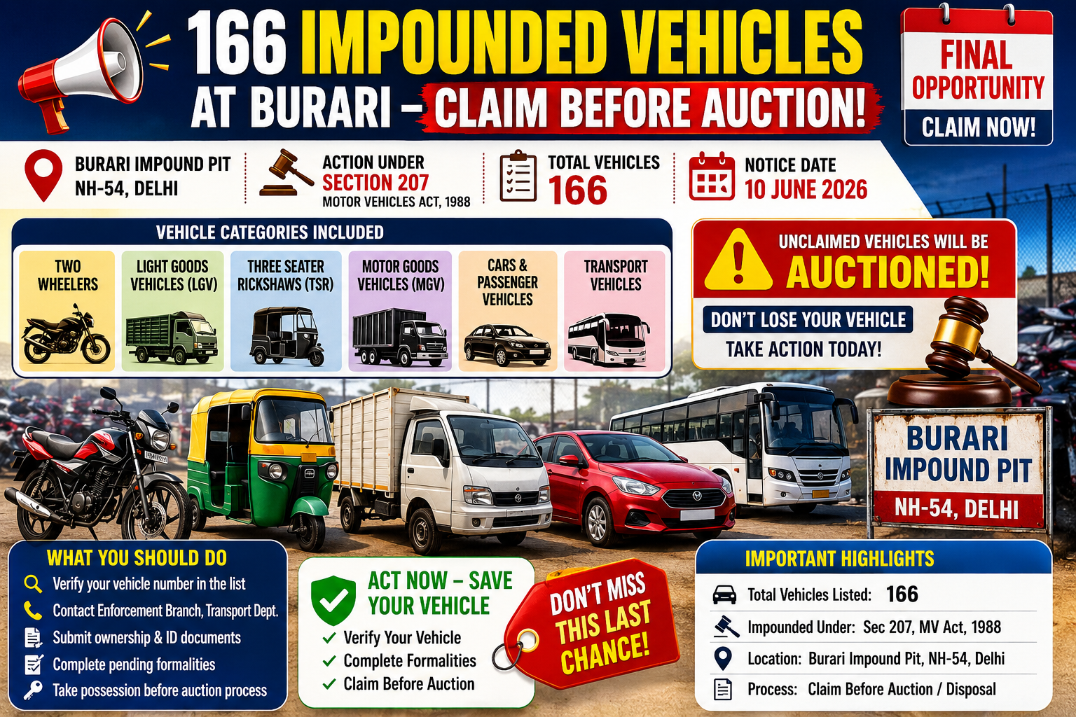 Delhi Transport Department Lists 166 Impounded Vehicles at Burari Claim Before Auction