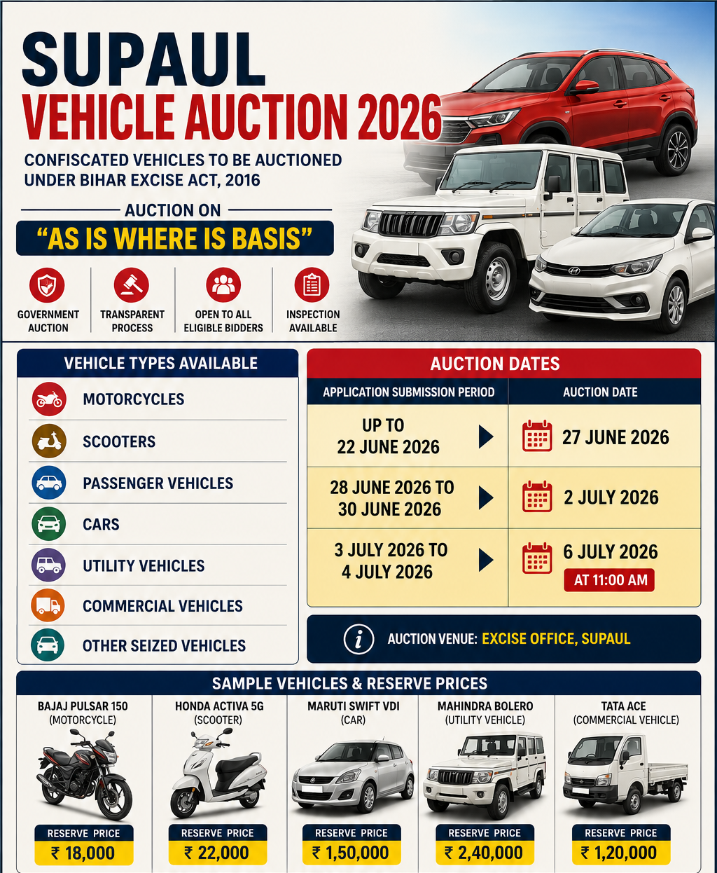 Supaul Vehicle Auction 2026: 119 Seized Cars, Bikes Auction on Sept 28
