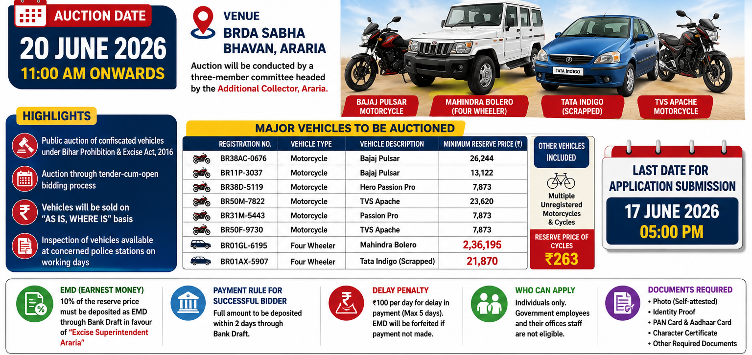 Araria Police & Excise Seized Vehicle Auction 2026