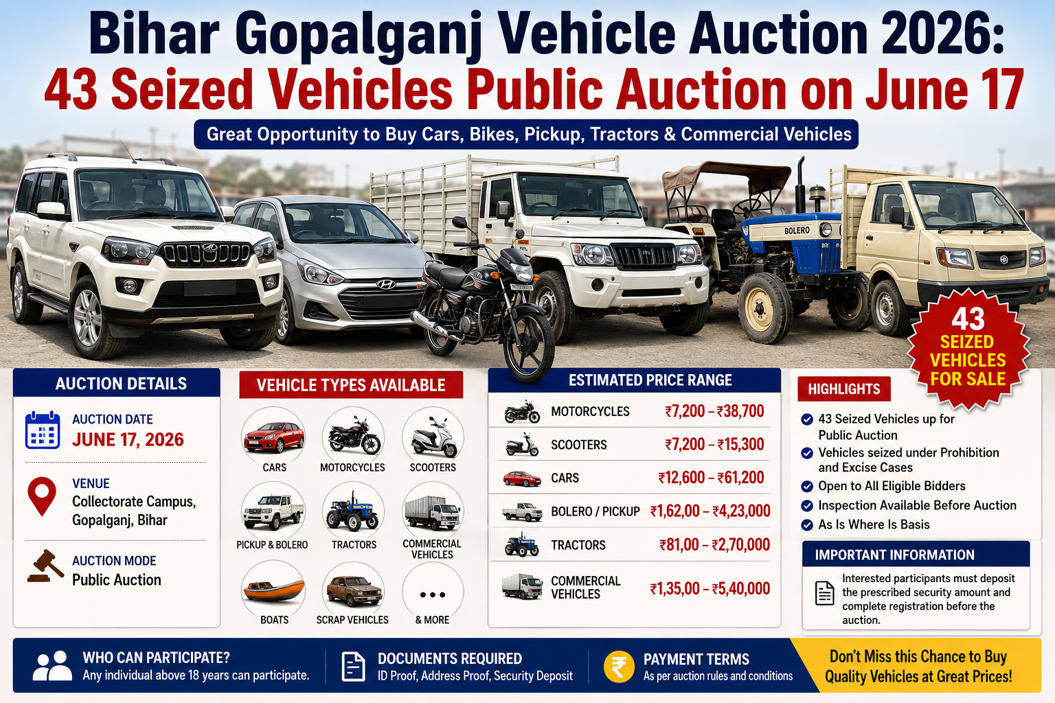 Gopalganj Vehicle Auction 2026: 281 Seized Vehicles, Dates, EMD & Rules