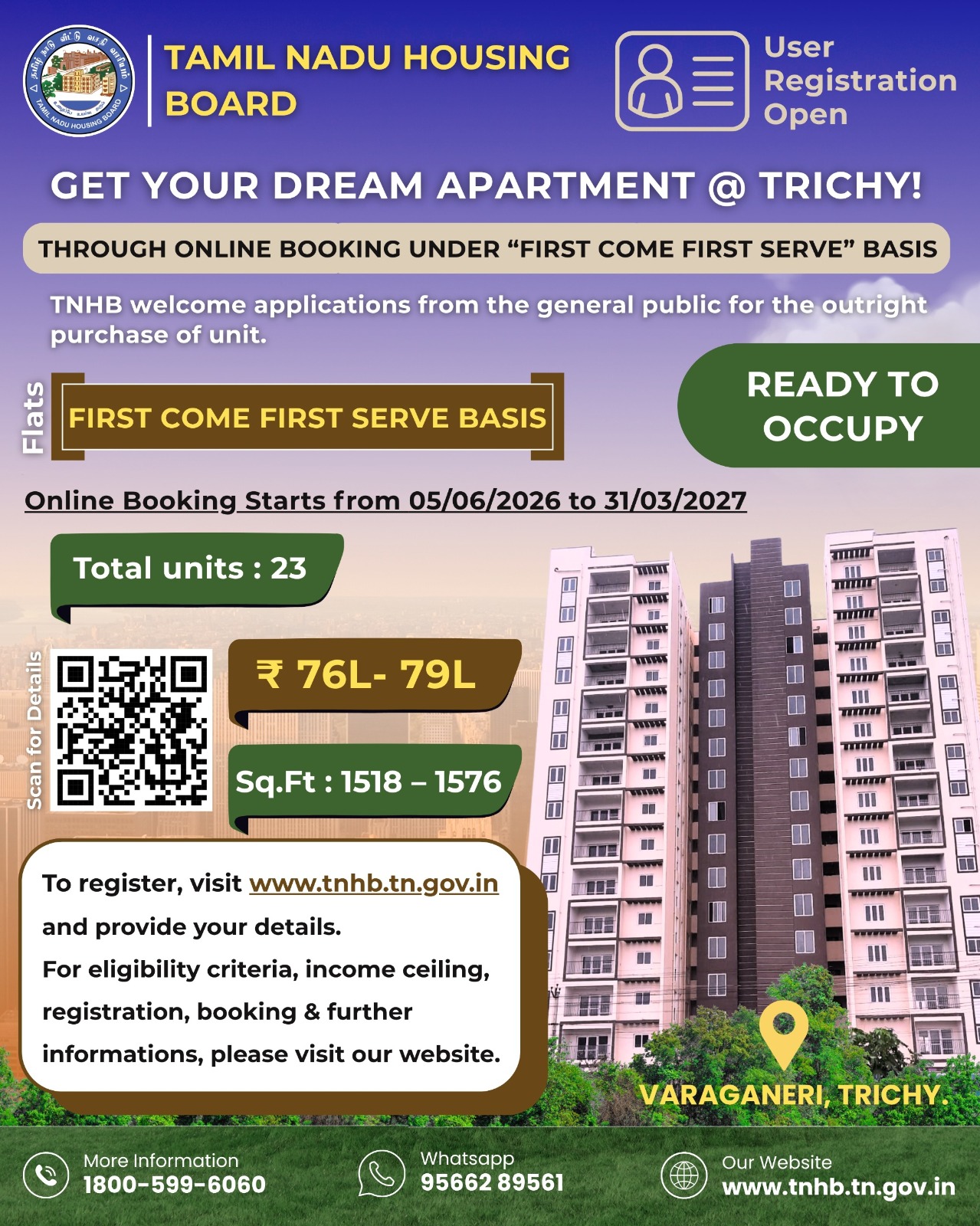 TNHB Trichy Flats Booking 2026: 23 Ready-to-Move HIG Apartments Available at Varaganeri Under FCFS Scheme