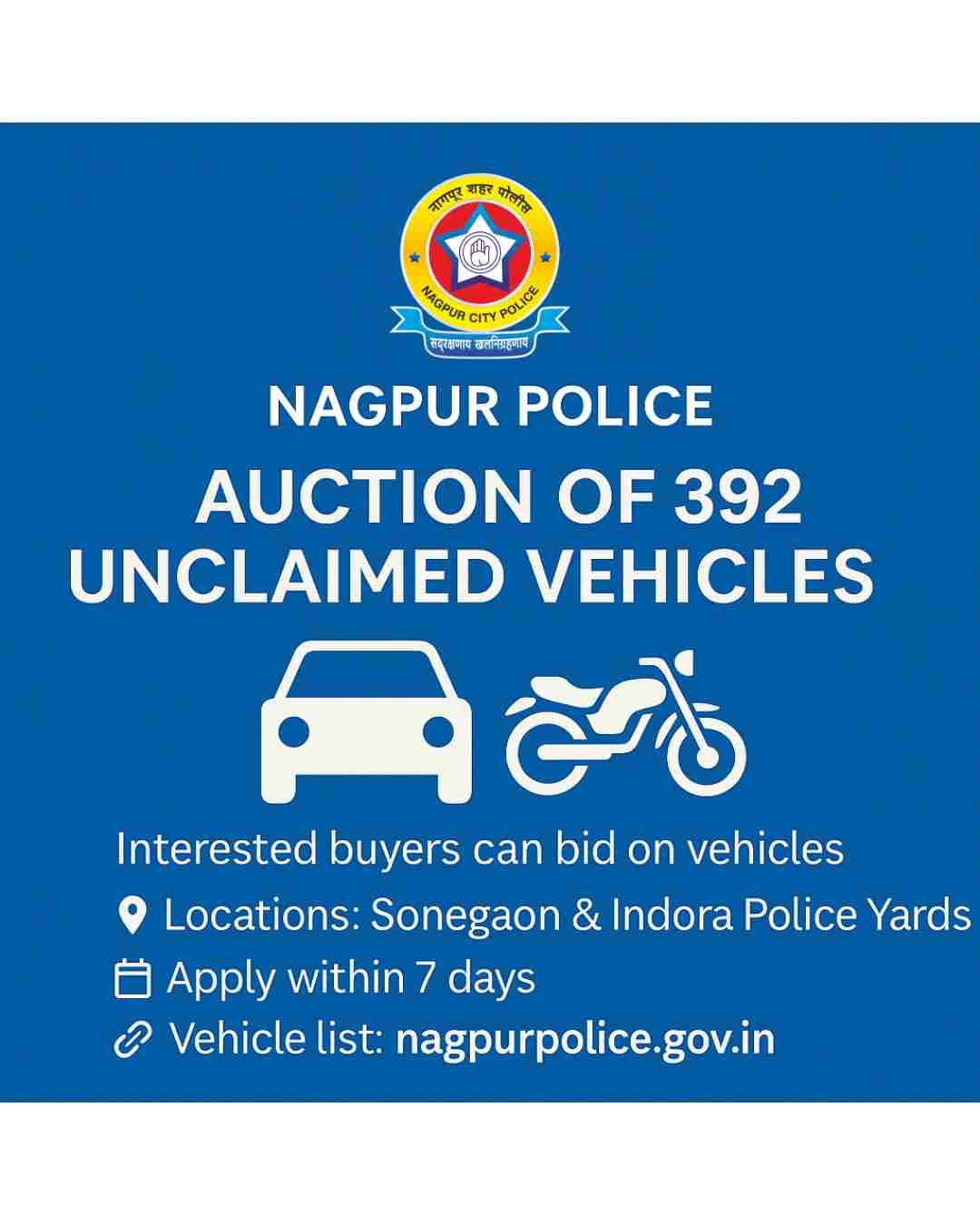 Nagpur City Police to Auction 392 Unclaimed Vehicles; Public Invited to Participate