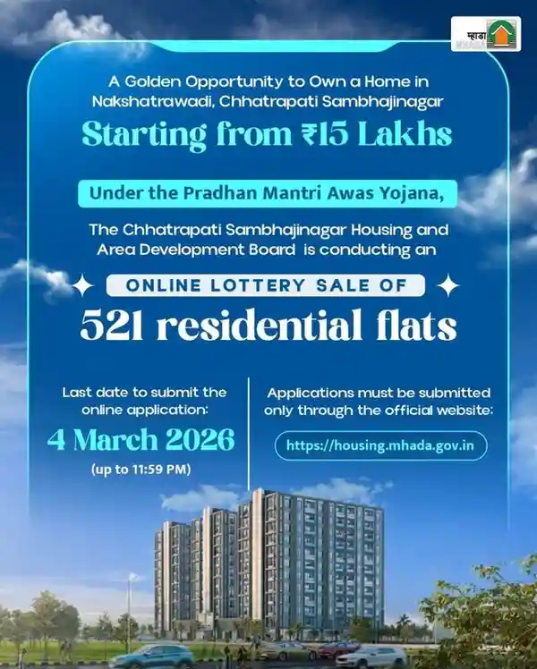 MHADA to Offer 521 Flats in Chhatrapati Sambhajinagar Under PMAY; Prices Start at ₹15 Lakh