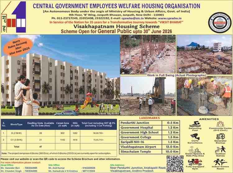 Visakhapatnam Housing Scheme 2026: CGEWHO Opens Booking for 47 Premium Flats, Prices Start at ₹56.69 Lakh