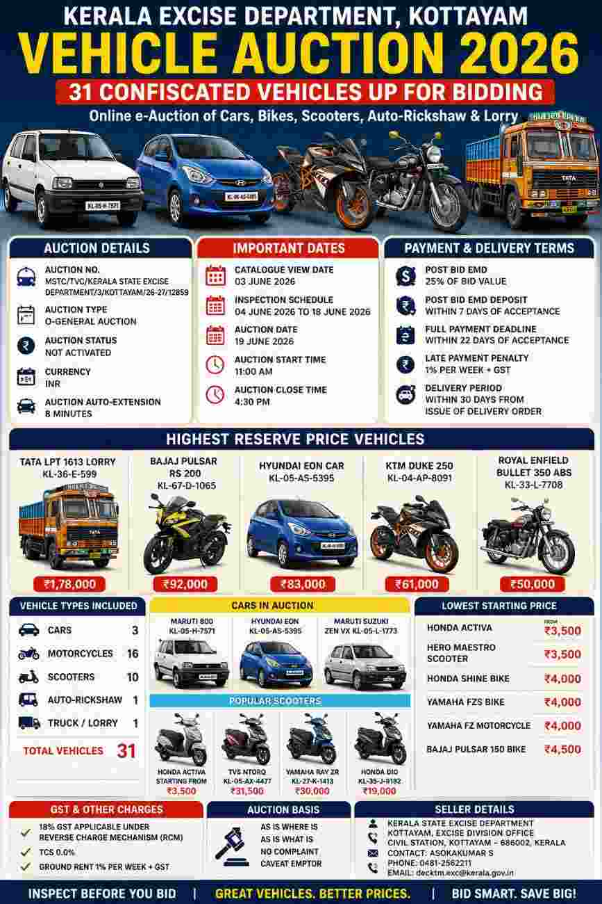 Kerala Excise Department Vehicle Auction 2026: Maruti 800, Eon, KTM Duke, Royal Enfield, TATA Lorry Among 31 Vehicles Listed