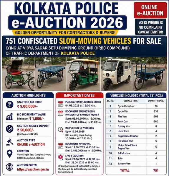Kolkata Police has announced an e-auction of 751 confiscated slow-moving vehicles including cycle vans, push carts, flat vans, e-rickshaws and toto vehicles. Online bidding will be held on June 23, 2026 through the Government eAuction portal.