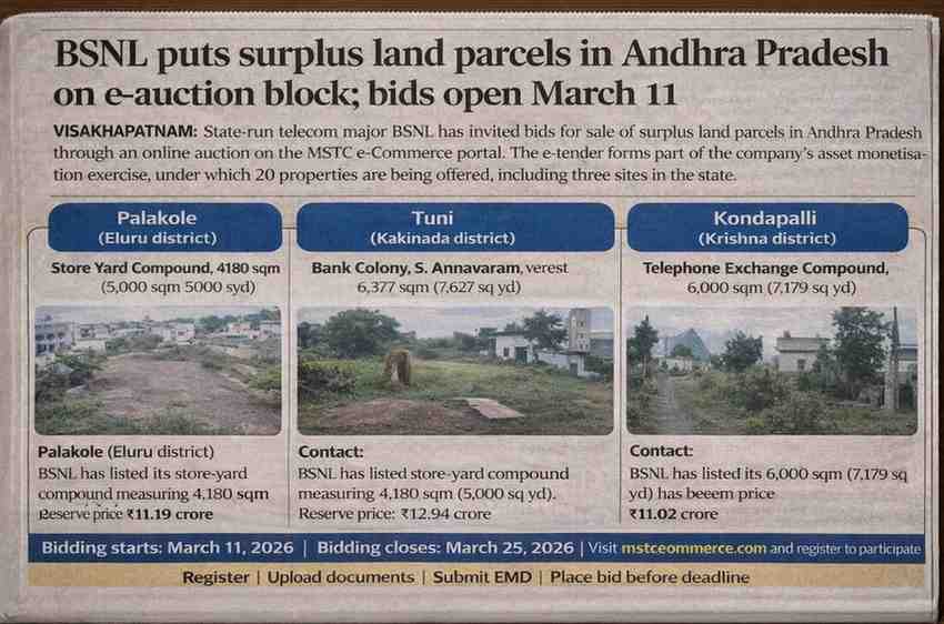 BSNL e-auction: Surplus land in Andhra Pradesh