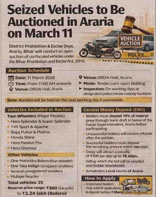 Seized Vehicles to Be Auctioned in Araria, Bihar on March 11 