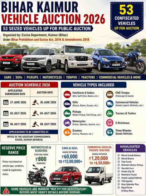 Bihar Kaimur Vehicle Auction 2026: 53 Seized Vehicles Including Cars, Boleros, Tempos and Motorcycles Up for Public Auction