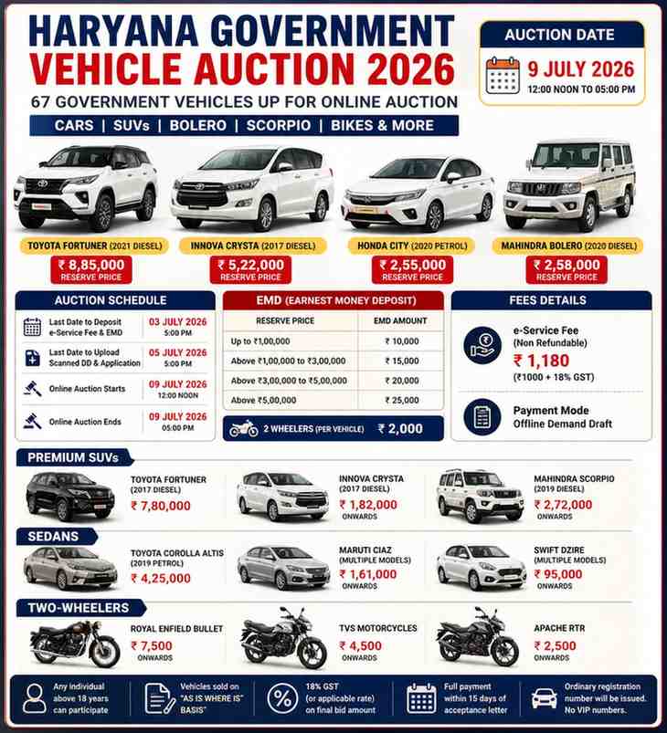Panchkula Haryana Government Vehicle Auction 2026: 67 Cars, SUVs, Bolero, Fortuner, Innova Crysta and Bikes Up for e-Auction on July 9