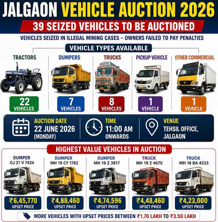 Jalgaon Vehicle Auction 2026: 39 Seized Tractors, Dumpers and Trucks to Be Auctioned on June 22