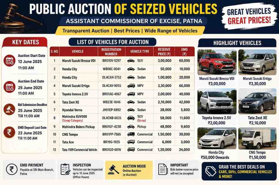 Patna Vehicle Auction 2026: 25 Seized Cars, SUVs, Bikes and Commercial Vehicles Up for Public Auction