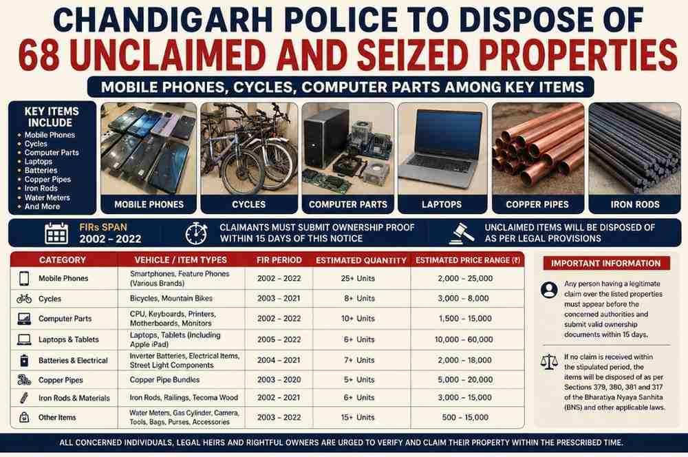 Chandigarh Police Issues Public Notice for Disposal of 68 Seized and Unclaimed Properties