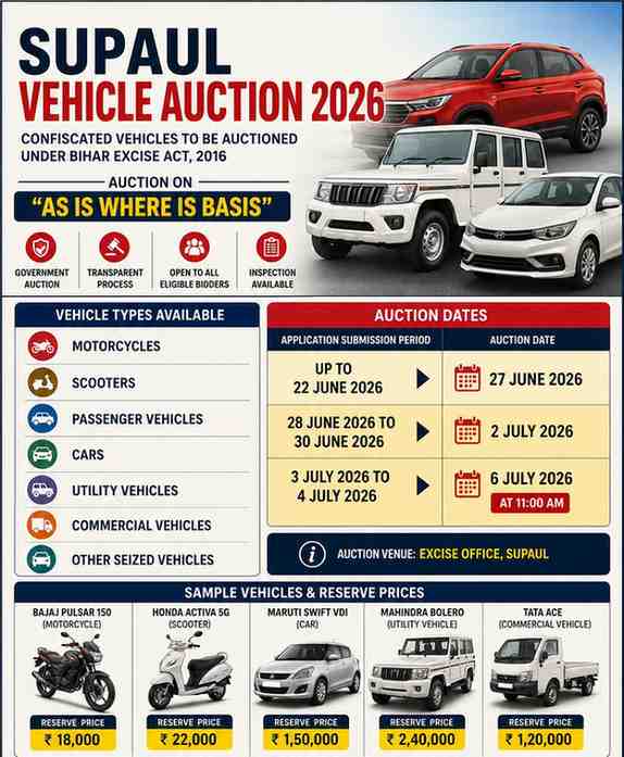 Supaul Vehicle Auction 2026: 95 Seized Cars, Bikes, Trucks Up for Public Auction in Bihar