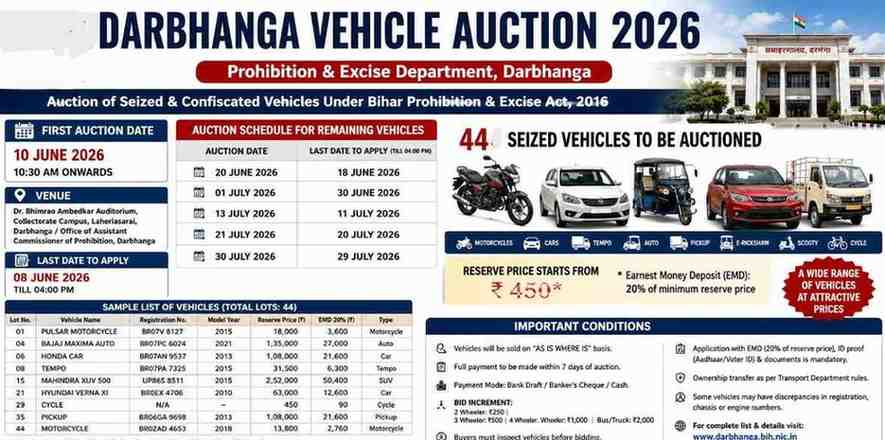 Darbhanga Vehicle Auction 2026: Bihar Prohibition Department to Auction 44 Seized Cars, Bikes, Tempo and Auto on June 10