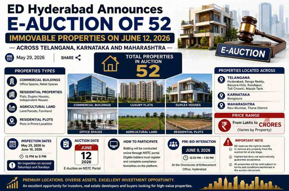 Enforcement Directorate (ED) Hyderabad Announces E-Auction of 52 Immovable Properties on June 12, 2026 Across Telangana, Karnataka and Maharashtra