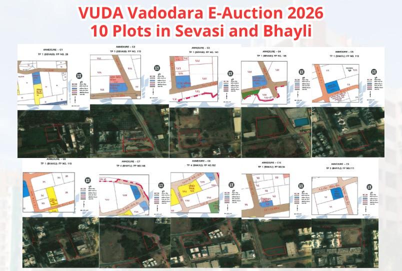 VUDA Vadodara e-auction 2026 offers 10 plots in Sevasi and Bhayli. Check plot prices, reserve value, EMD, auction dates, registration deadline and how to bid online.