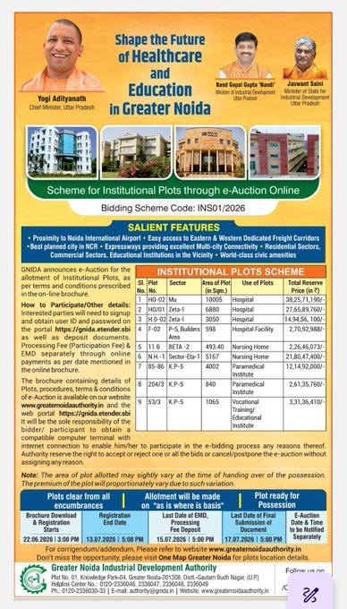 GNIDA Institutional Plot E-Auction 2026: 9 Plots Near Noida International Airport Open for Hospitals, Schools and Educational Institutes
