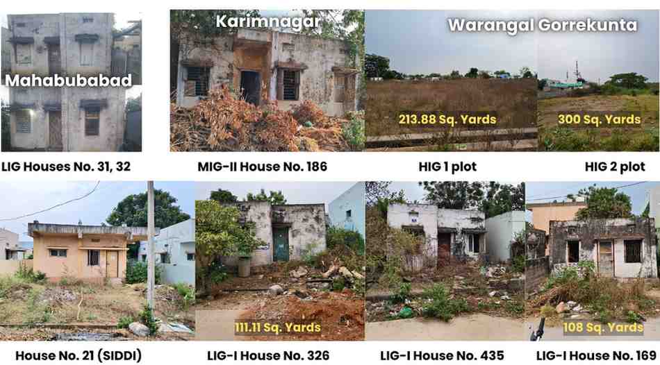 public open auction of vacant plots and houses across multiple districts including Warangal, Mancherial, Mahabubabad and Karimnagar