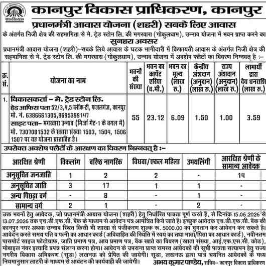 Kanpur Development Authority PMAY Urban Housing Scheme 2026: 55 Affordable Homes Available in Magarwara Unnao, Apply Before July 13