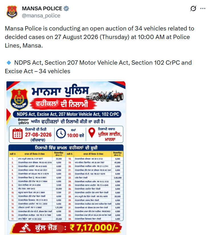 Mansa Police is set to conduct an open  auction of 34 vehicles linked to decided cases registered under the NDPS Act, Excise Act