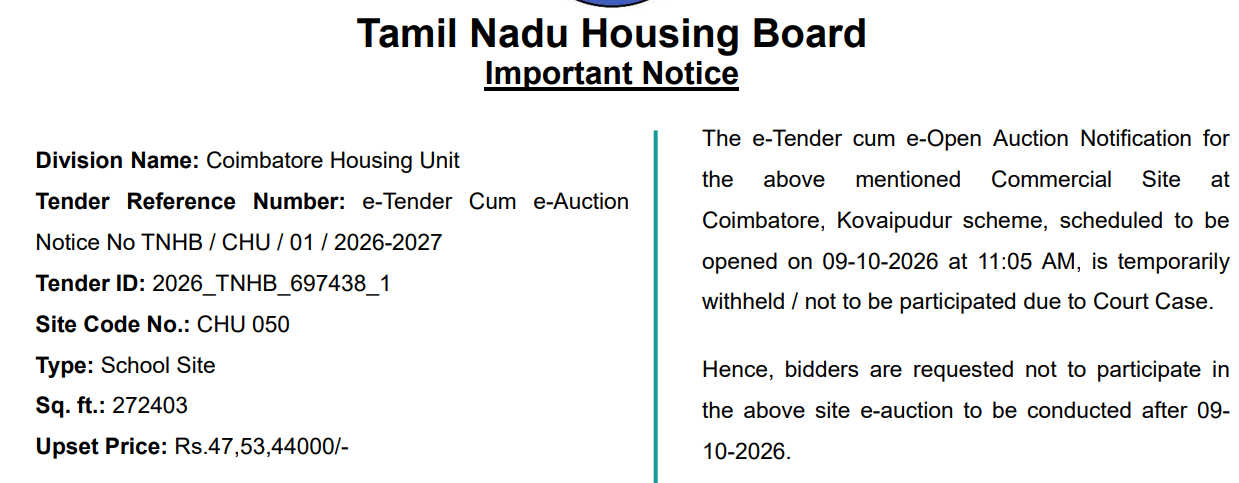 Coimbatore Housing Unit School Site eAuction Notice