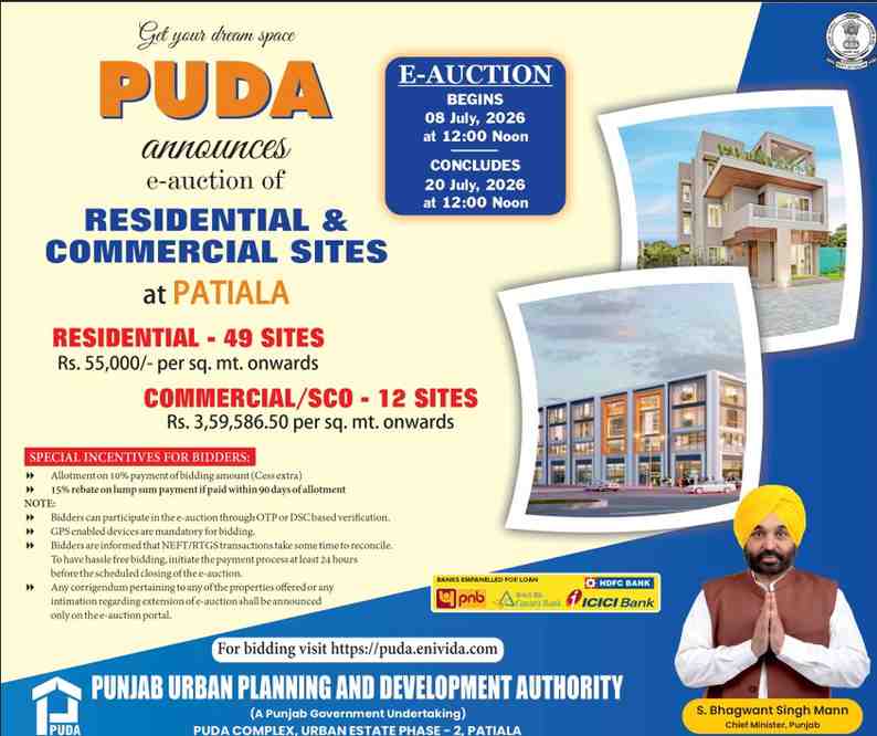 PUDA Patiala E-Auction 2026 Opens for 61 Residential & Commercial Sites; Bidding Starts July 8