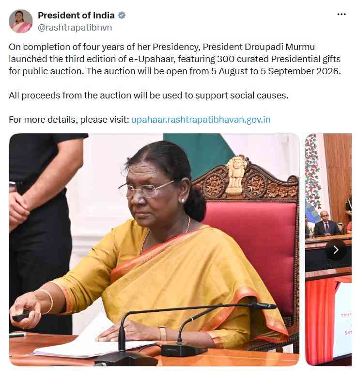 President Draupadi Murmu launched the third edition of e-gifts. This includes 300 selected gifts received by the President for public auction