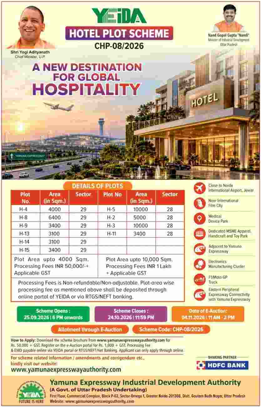 YEIDA Hotel Plot Scheme 2026 offers 10 hotel plots in Sectors 28 and 29 near Noida International Airport. Check plot sizes, reserve prices, EMD, eligibility, payment plans and e-auction date.