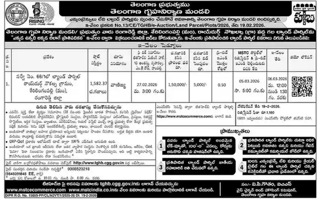 Telangana Housing Board to Auction 1,582 Sq Yards Land Parcel in Serilingampally via MSTC