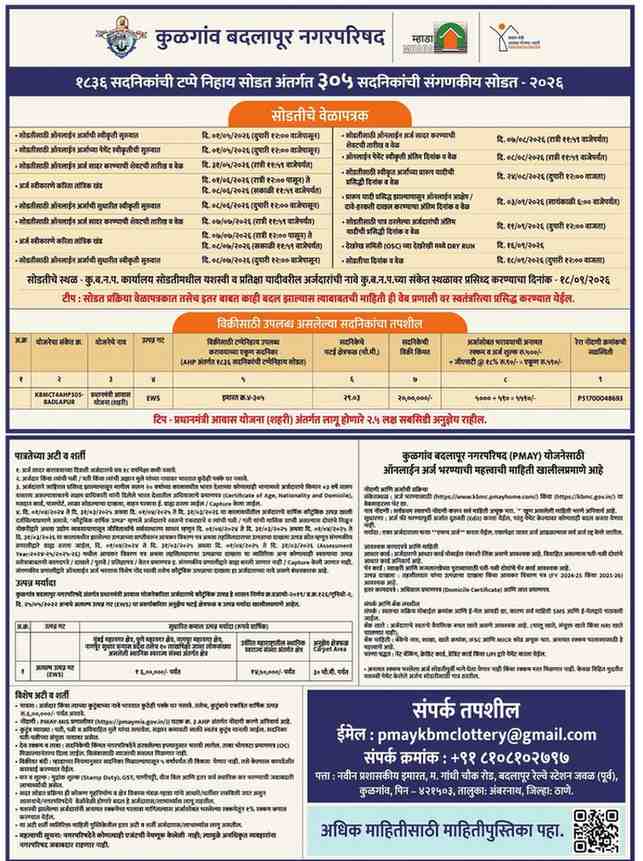 KBMC PMAY Lottery 2026: 305 (1,836) EWS Flats at ₹20 Lakh, Apply Online, Eligibility and Dates