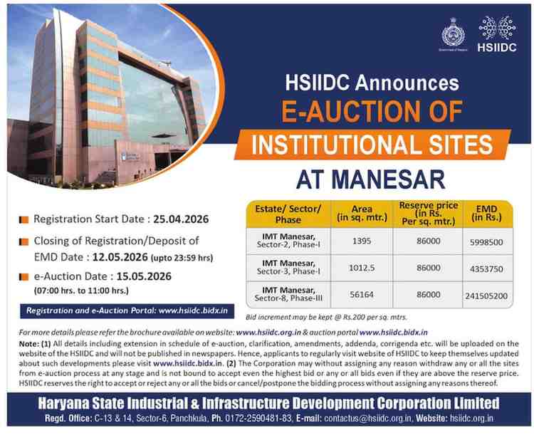 HSIIDC Announces E-Auction of Institutional Sites at Manesar