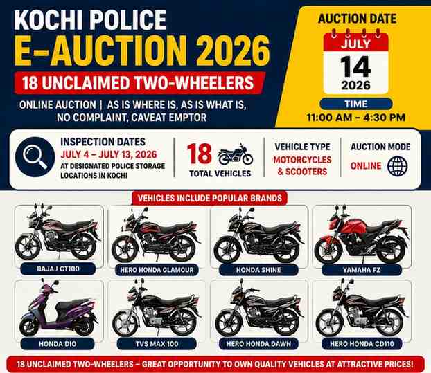 Kochi Police E-Auction 2026: 18 Unclaimed Two-Wheelers to Be Auctioned on July 14 Through MSTC Portal
