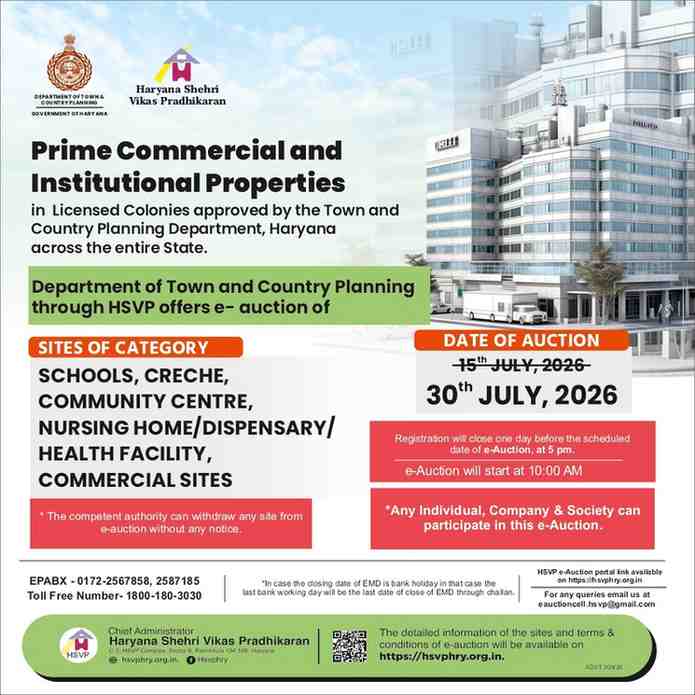 Haryana Shahari Vikas Pradhikaran 86 eAuction Commercial, School, Health & Institutional Properties